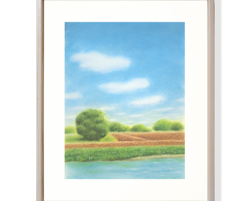 パステル画（原画）河のある風景・朝。 河のある風景：朝（パステル画・マット紙付き）額縁：四つ 絵画