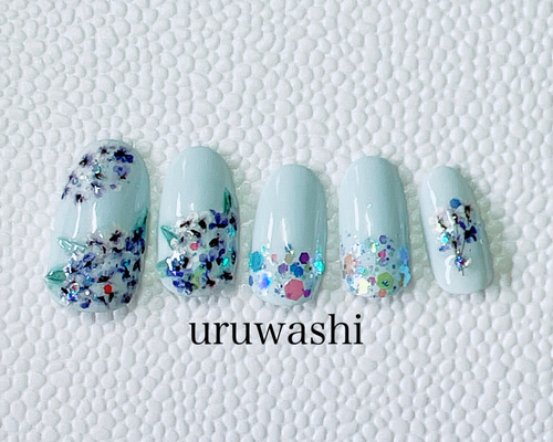 ネイルチップ サイズ オーダー ブルー 紫陽花 くすみ 夏 夏祭り 浴衣  