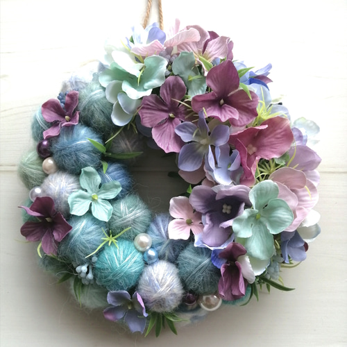 雨の小道〜毛糸玉と紫陽花のパープルリース リース Allium blue
