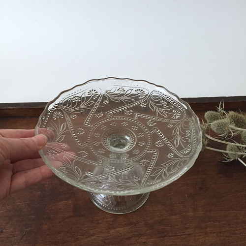 プレスガラス　コンポート ヴィンテージ プレスガラス 脚付きケーキスタンド