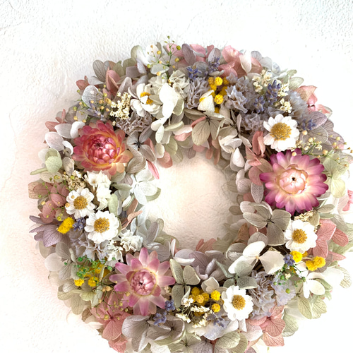 春待ち＊桜色のスターチスと帝王貝細工のナチュラルリース ニュアンスカラーが新鮮。「スターチス」の優しいパステルの世界