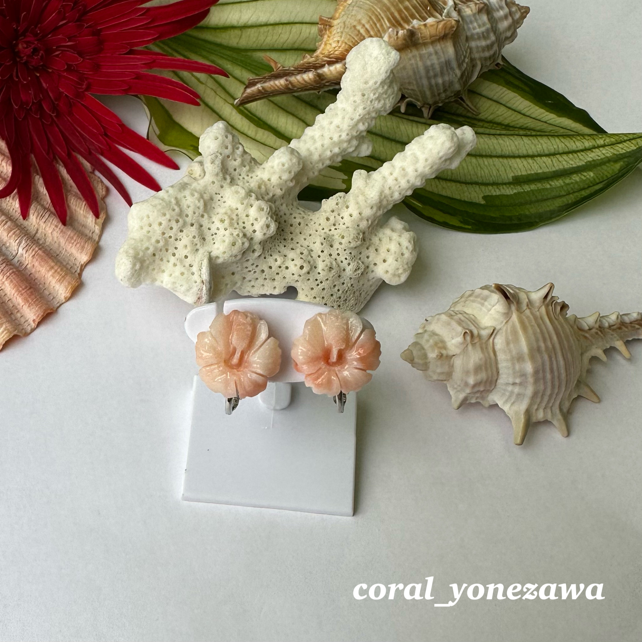 珊瑚彫刻　イヤリング　ハイビスカス　ネジバネ式　R50603H2