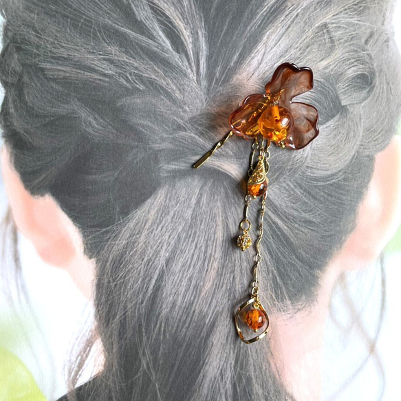 CY【琥珀ヘアピン】 髪飾り ヘアアクセサリー 簪　かんざし 7枚目の画像