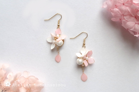 【訂做】美甲花繡球棉珍珠耳環（粉紅色） 第1張的照片