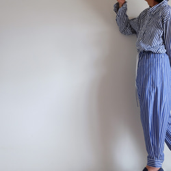 新作・シャツ袖パンツ / コットンシャンブレー ストライプ 【青紺と白】 1枚目の画像