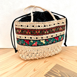 2way仕様！軽くて可愛いリボンラインBasket  <natural 42×ブラック系リボン×裏巾着袋black> 1枚目の画像