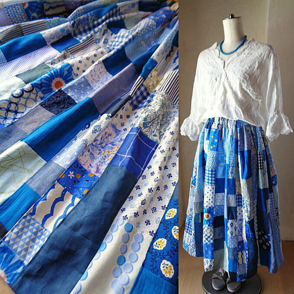 ラス1 雛祭りセール 絵画なパッチワーク♥晴れやかブルー たっぷり  