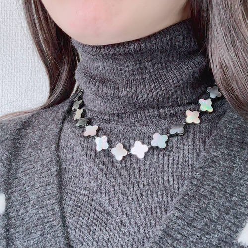 シェル(黒蝶貝)のデザインネックレス◇クローバー ネックレス