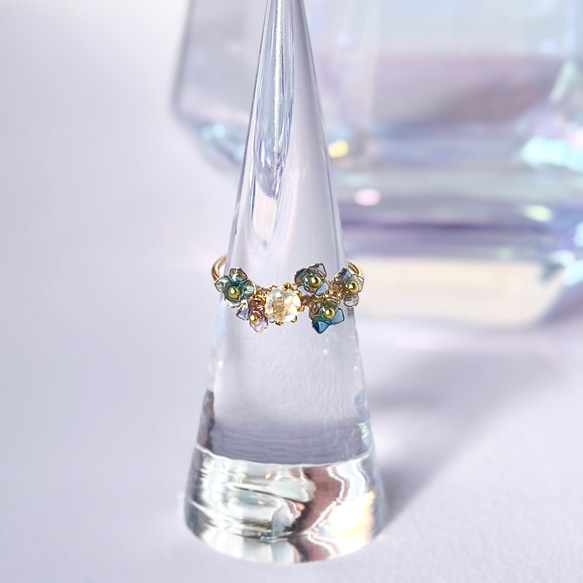 -Jewelry Flower- 紫陽花  アジサイとレインボームーンストーン(6月誕生石)のワイヤーリング 7枚目の画像