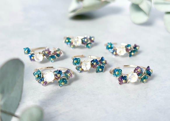 -Jewelry Flower- 紫陽花  アジサイとレインボームーンストーン(6月誕生石)のワイヤーリング 1枚目の画像