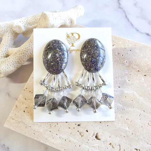 パープルのカボションの3way大ぶりピアス☻ （リングピアス 2G  