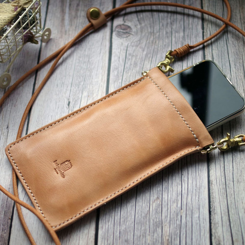 【本革】スマホ ショルダー ウォレット ポーチ ハンドメイド レザー まる様 本革かんたんバネ口のWスマホショルダー ポーチ iPhone android