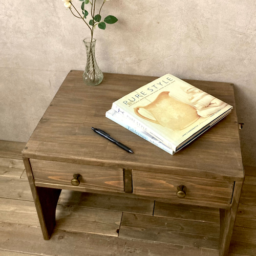 木製ダークブラウン座卓 引き出し付き レトロ 木製文机 2引き出し付き