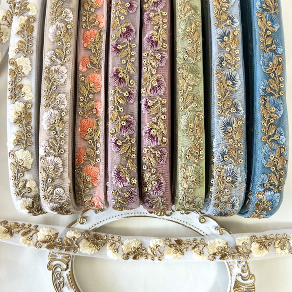 50cm インド刺繍リボン チュール 花柄 #nt24 リボン・テープ La grace