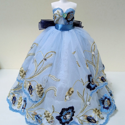 275一点物ミニチュアウエディングドレス☆水色チュールブルーの花刺繍 