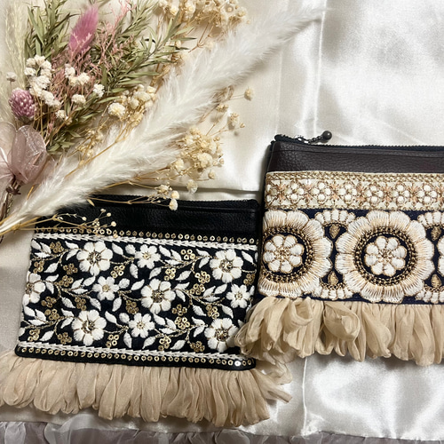 インド刺繍リボン フリルポーチ ポーチ kohane＿runrun 通販