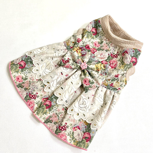 ハンドメイド ぽこぽこ花柄リップル 3段ティアードワンピース 犬服