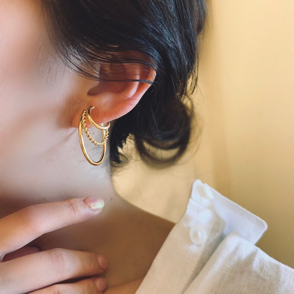 18kgp◆Triple random hoop earrings トリプルランダムフープイヤリングフープピアス金アレ 5枚目の画像