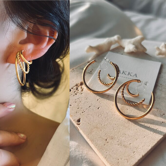 18kgp◆Triple random hoop earrings トリプルランダムフープイヤリングフープピアス金アレ 1枚目の画像