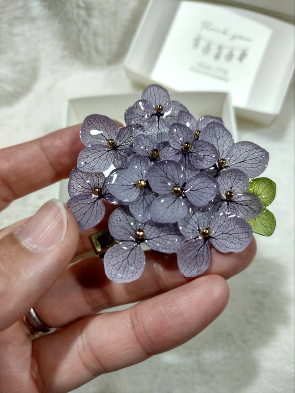 【受注生産】本物の紫陽花アナベルブローチクリップ　ヘアクリップ　帯留め　コサージュ　うすむらさき 3枚目の画像