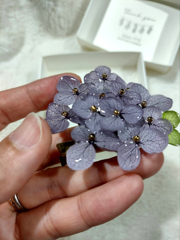 【受注生産】本物の紫陽花アナベルブローチクリップ　ヘアクリップ　帯留め　コサージュ　うすむらさき 4枚目の画像