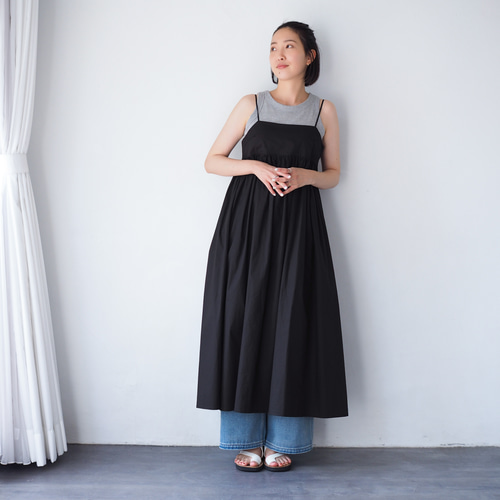 よーこ BLUE FRONCE ブラックキャミワンピース ロング ロングシーズン着れる」コットンギャザーキャミワンピース