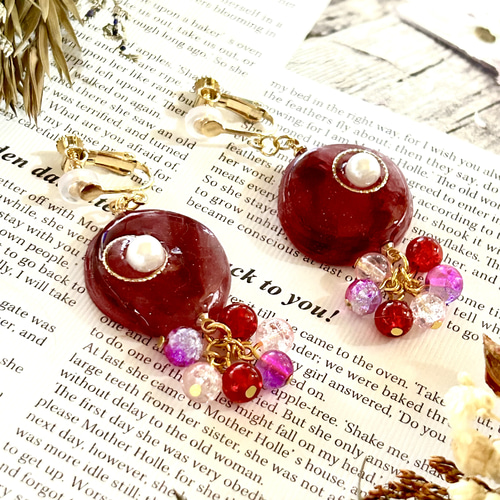 レジンアクセサリー　NO.366 Sparkle-赤の化石- 【レジンアクセサリー レジンイヤリング レジン