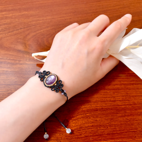 レピドライトのマクラメ編みブレスレット【結びの蝶】シリーズ