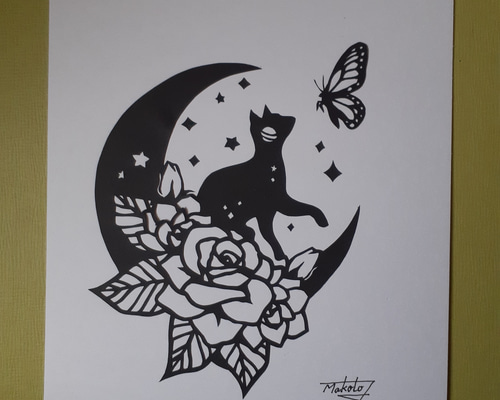 切り絵アート 花月と猫と蝶 切り絵 makochin 通販 16016026