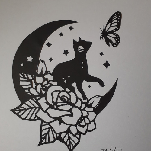 自作絵画　猫マダム、オカリナの音をもとめて、満月と海のギター弾き　3枚セット 自作絵画黄猫青猫