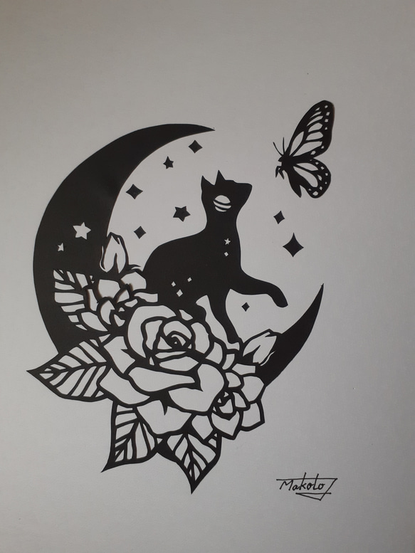 切り絵アート　花月と猫と蝶 3枚目の画像