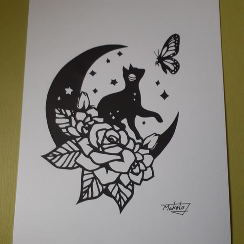 自作絵画　猫マダム、オカリナの音をもとめて、満月と海のギター弾き　3枚セット 自作絵画 猫マダム、オカリナの音をもとめて、満月と海のギター弾き
