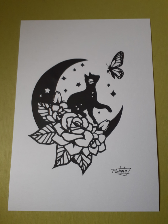 切り絵アート　花月と猫と蝶 2枚目の画像