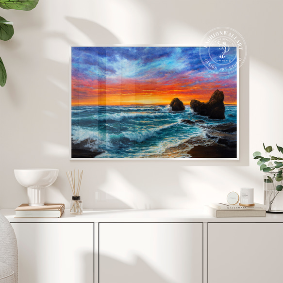 アートポスター 波打つ海岸夕暮れ風景画 オレンジ青グラデーション 