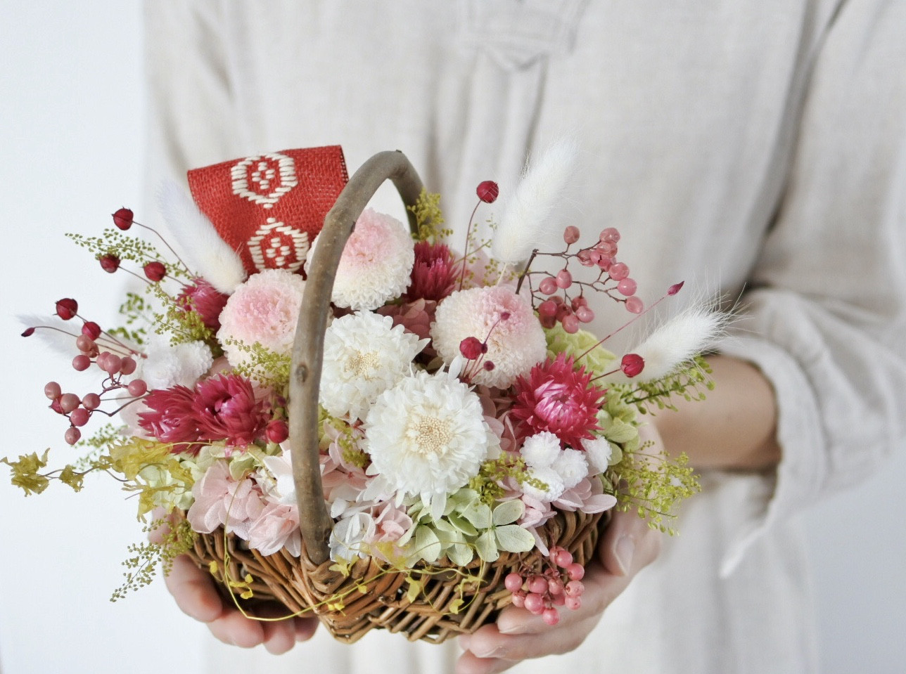 【伝統工芸】こぎん刺しとプリザーブドフラワーバスケット　春　さくら