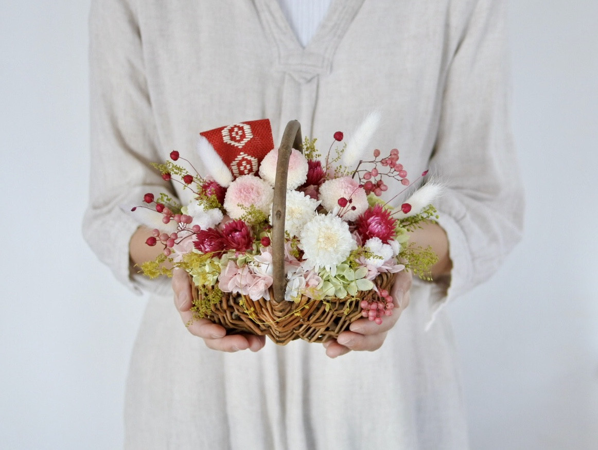 【伝統工芸】こぎん刺しとプリザーブドフラワーバスケット　春　さくら