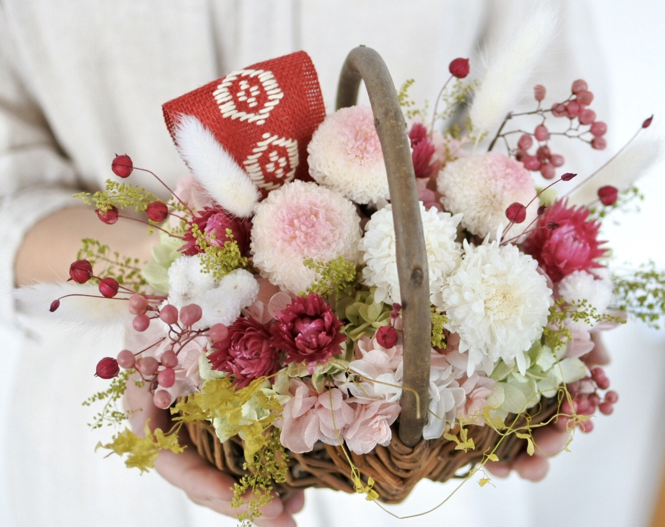 【伝統工芸】こぎん刺しとプリザーブドフラワーバスケット　春　さくら