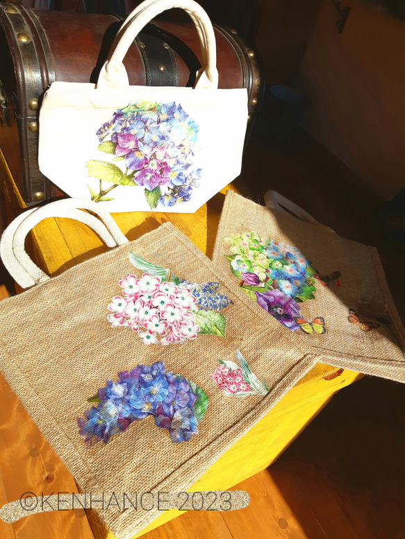 春　紫陽花　バッグ　ジュート 2枚目の画像