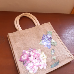 紫陽花　花　バッグ　麻　ジュートバッグ 2枚目の画像