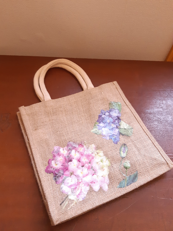 紫陽花　花　バッグ　麻　ジュートバッグ 2枚目の画像