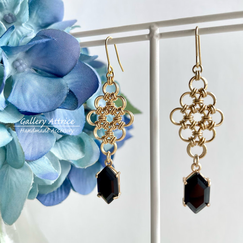 SALE】ジャパニーズチェーンメイルのブラックビジューピアス 