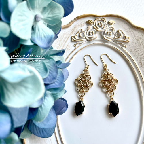 SALE】ジャパニーズチェーンメイルのブラックビジューピアス 