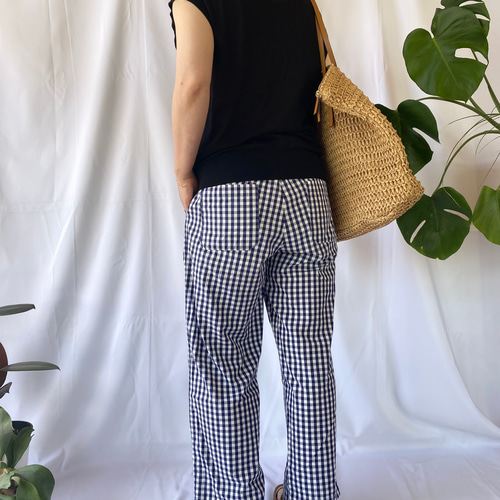 【Moka】PATY デニム風ベイカーパンツとギンガムチェックカットソー ギンガムチェックのベイカーパンツ(レディースM L LL・メンズ