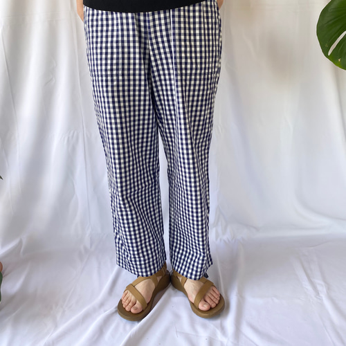 【Moka】PATY デニム風ベイカーパンツとギンガムチェックカットソー WIDE BAKER DENIM PANTS /ワイドベイカーデニムパンツ（デニム