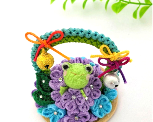 梅雨　カエル　紫陽花　ちりめん細工 梅雨 カエル 紫陽花 ちりめん細工 ちりめん細工歳時記『梅雨』福かえる