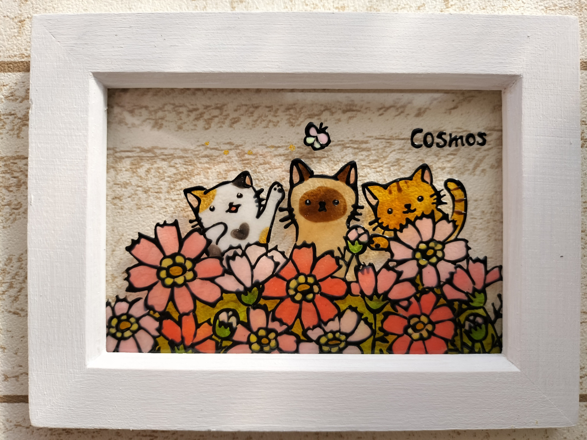ハンドメイド ステンドグラスキルトタペストリー　猫とコスモス ハンドメイド ステンドグラスキルトタペストリー 猫とコスモス