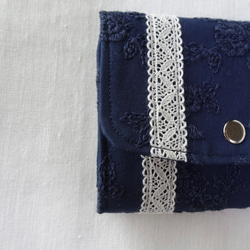 刺繍×レースのミニ財布　ネイビー 薔薇　ミニウォレット　軽量 5枚目の画像