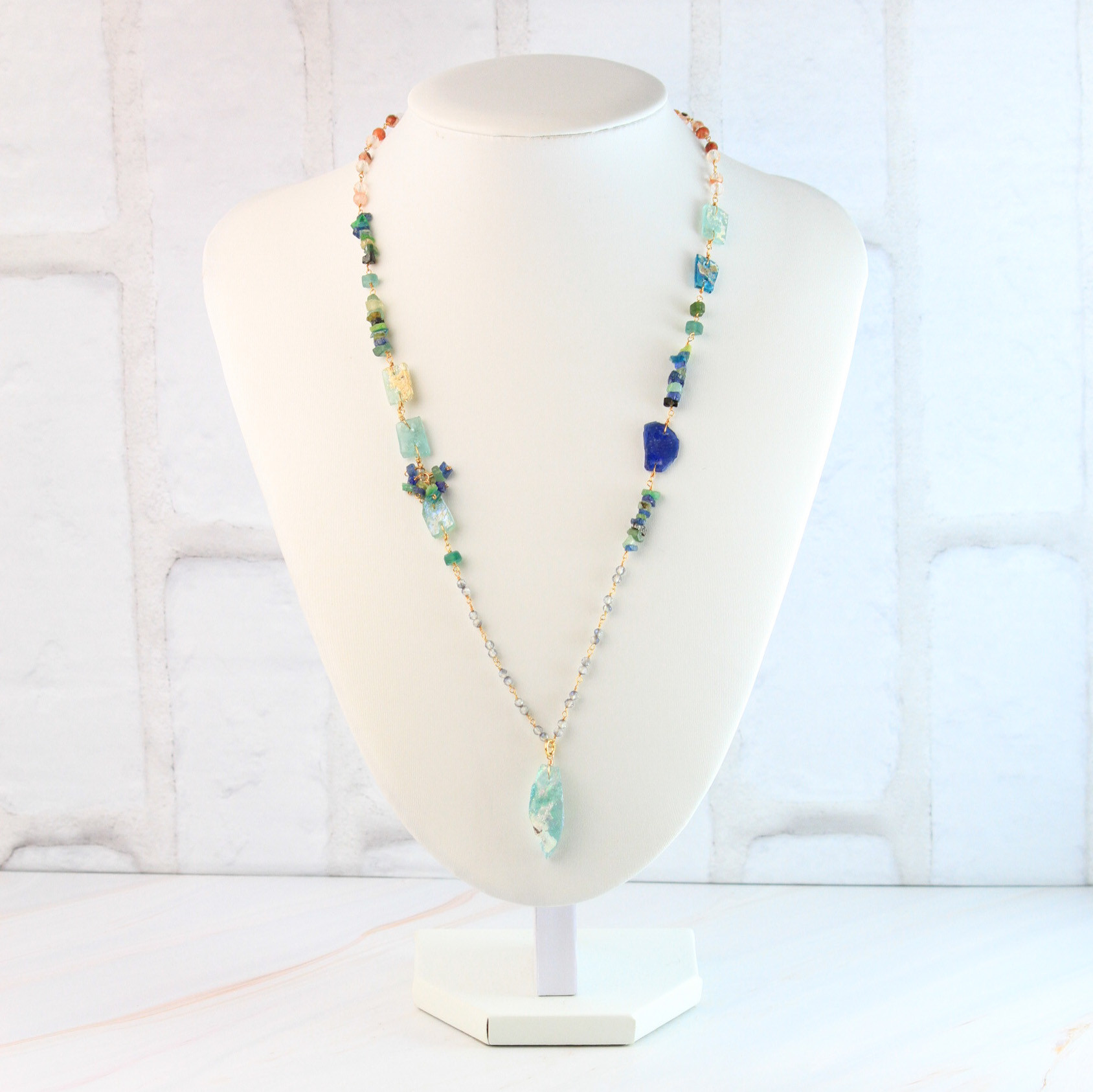 【古代 虹の記憶】銀化粒厳選　ローマンガラス　トパーズ　ロングネックレス