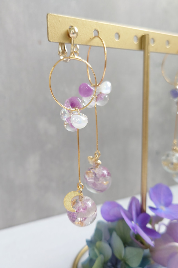 珠紫陽花 Hydrangea＆DropBeads Pale purple【イヤリング・ピアス】・初販5点まで送料無料 3枚目の画像