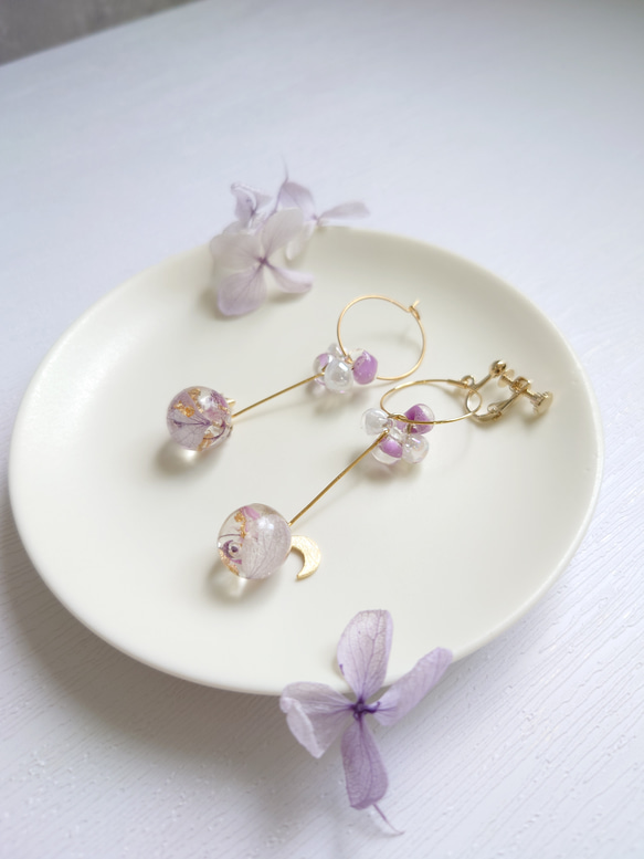 珠紫陽花 Hydrangea＆DropBeads Pale purple【イヤリング・ピアス】・初販5点まで送料無料 9枚目の画像